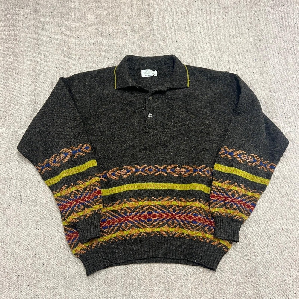 Vintage United Color Of Bennetton Sweater Mens XL Brown 1980s Collared